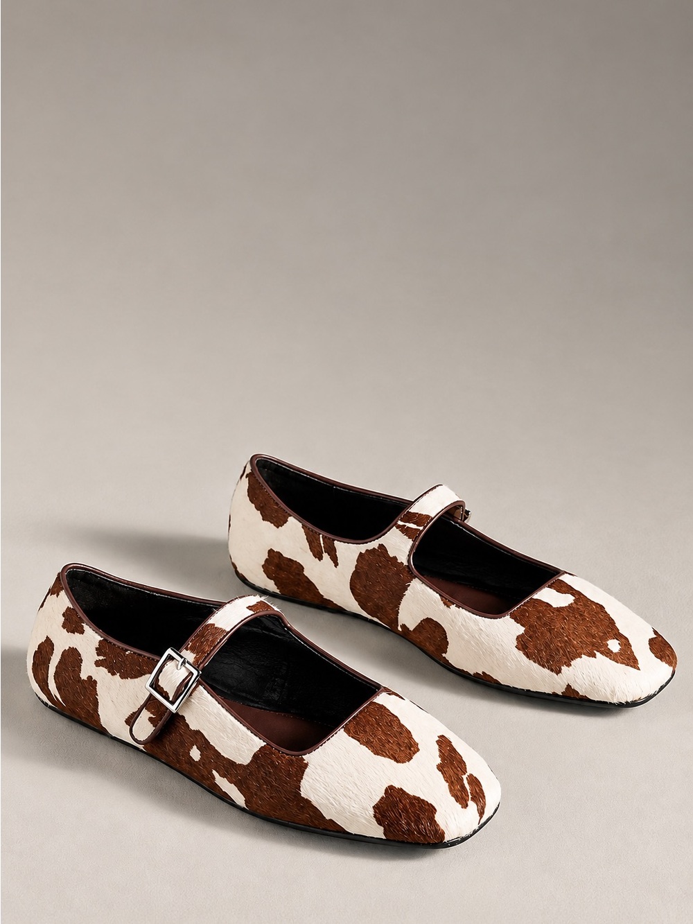 Jeffrey Campbell x Anthropologie Elise Cow Print Pony Hair Mary Jane Flats